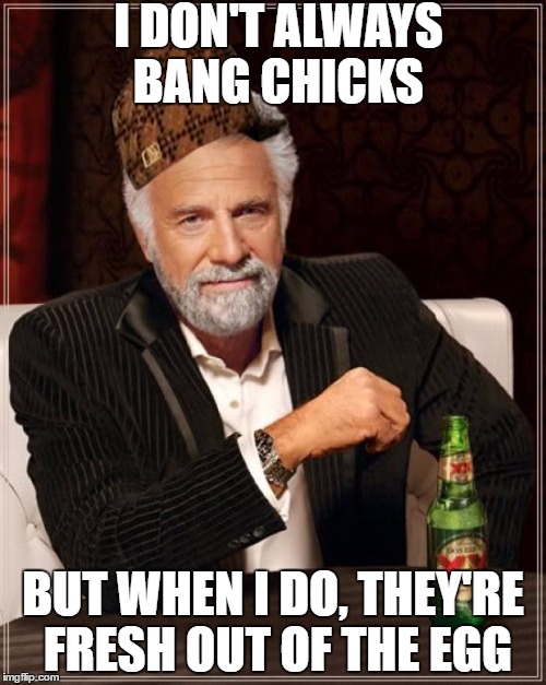 The Most Interesting Man In The World | I DON'T ALWAYS BANG CHICKS; BUT WHEN I DO, THEY'RE FRESH OUT OF THE EGG | image tagged in memes,the most interesting man in the world,scumbag | made w/ Imgflip meme maker