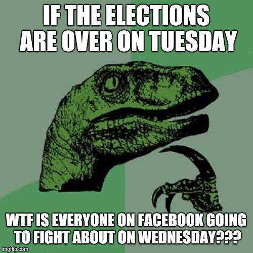 Philosoraptor | IF THE ELECTIONS ARE OVER ON TUESDAY; WTF IS EVERYONE ON FACEBOOK GOING TO FIGHT ABOUT ON WEDNESDAY??? | image tagged in memes,philosoraptor | made w/ Imgflip meme maker