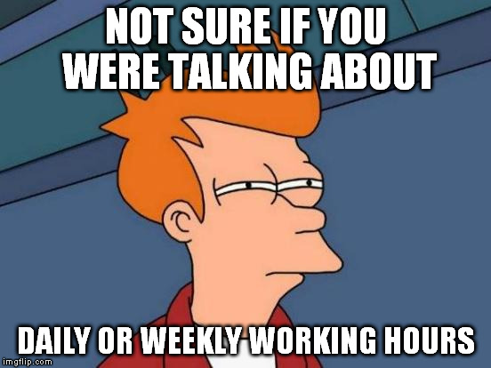 Futurama Fry Meme | NOT SURE IF YOU WERE TALKING ABOUT DAILY OR WEEKLY WORKING HOURS | image tagged in memes,futurama fry | made w/ Imgflip meme maker