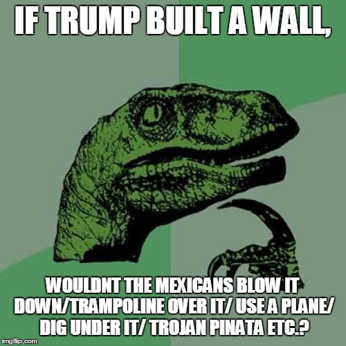 Philosoraptor | IF TRUMP BUILT A WALL, WOULDNT THE MEXICANS BLOW IT DOWN/TRAMPOLINE OVER IT/ USE A PLANE/ DIG UNDER IT/ TROJAN PINATA ETC.? | image tagged in memes,philosoraptor | made w/ Imgflip meme maker