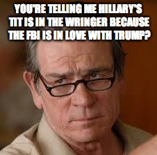 now i've heard everything | YOU'RE TELLING ME HILLARY'S TIT IS IN THE WRINGER BECAUSE THE FBI IS IN LOVE WITH TRUMP? | image tagged in my face when someone asks a stupid question | made w/ Imgflip meme maker