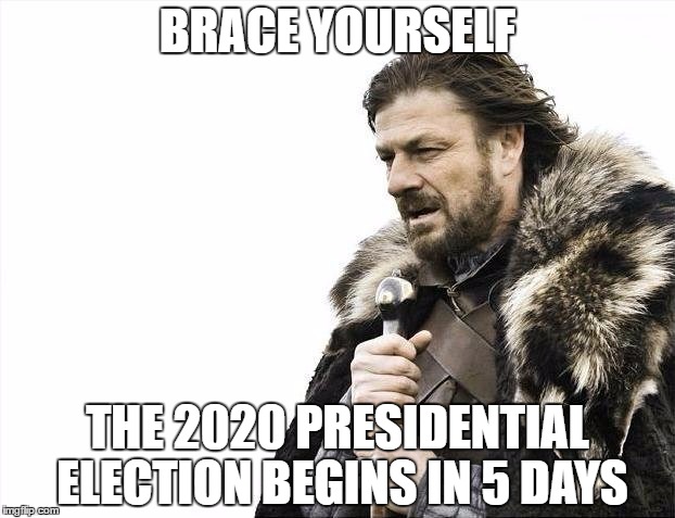 Brace Yourselves X is Coming | BRACE YOURSELF; THE 2020 PRESIDENTIAL ELECTION BEGINS IN 5 DAYS | image tagged in memes,brace yourselves x is coming | made w/ Imgflip meme maker