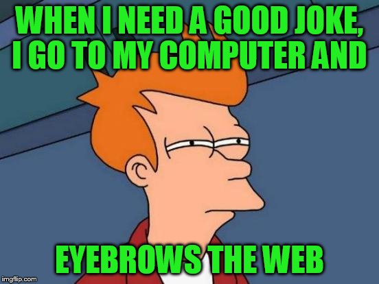 Futurama Fry Meme | WHEN I NEED A GOOD JOKE, I GO TO MY COMPUTER AND EYEBROWS THE WEB | image tagged in memes,futurama fry | made w/ Imgflip meme maker