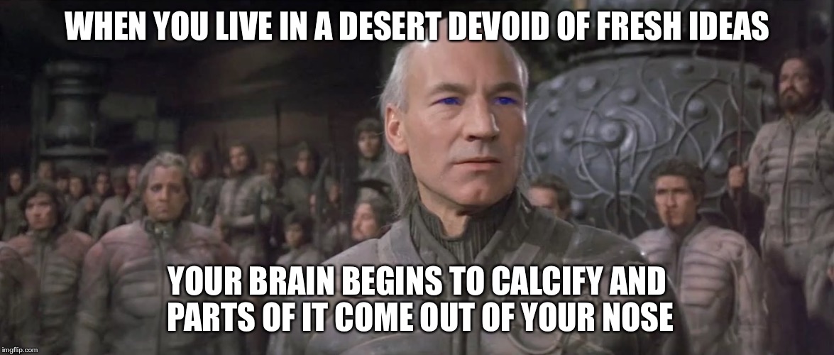 Gurney Halleck | WHEN YOU LIVE IN A DESERT DEVOID OF FRESH IDEAS YOUR BRAIN BEGINS TO CALCIFY AND PARTS OF IT COME OUT OF YOUR NOSE | image tagged in gurney halleck | made w/ Imgflip meme maker