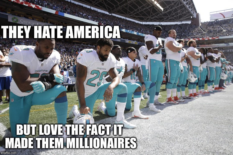 NFL scumbags | THEY HATE AMERICA BUT LOVE THE FACT IT MADE THEM MILLIONAIRES | image tagged in nfl scumbags | made w/ Imgflip meme maker