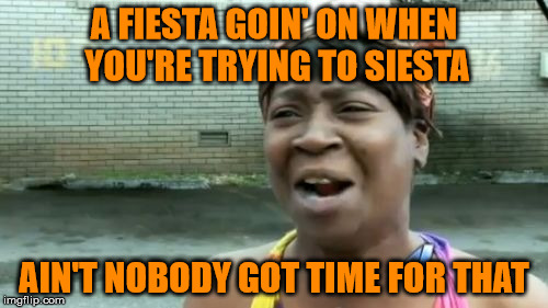 Keep It Down!!! You Call That Music!? | A FIESTA GOIN' ON WHEN YOU'RE TRYING TO SIESTA; AIN'T NOBODY GOT TIME FOR THAT | image tagged in memes,aint nobody got time for that,siesta disturbed by a fiesta,it came from the comments,bread crumbs | made w/ Imgflip meme maker