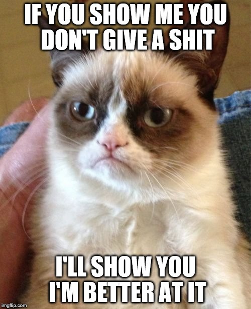 Grumpy Cat | IF YOU SHOW ME YOU DON'T GIVE A SHIT; I'LL SHOW YOU I'M BETTER AT IT | image tagged in memes,grumpy cat | made w/ Imgflip meme maker