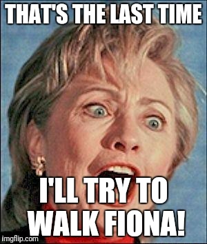 Ugly Hillary Clinton | THAT'S THE LAST TIME; I'LL TRY TO WALK FIONA! | image tagged in ugly hillary clinton | made w/ Imgflip meme maker