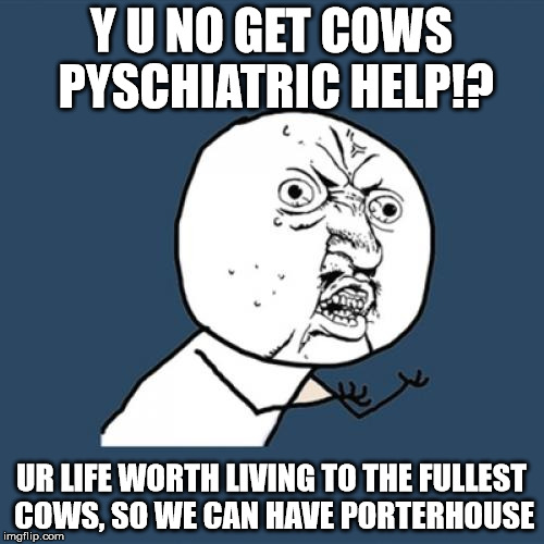 Y U No Meme | Y U NO GET COWS PYSCHIATRIC HELP!? UR LIFE WORTH LIVING TO THE FULLEST COWS, SO WE CAN HAVE PORTERHOUSE | image tagged in memes,y u no | made w/ Imgflip meme maker