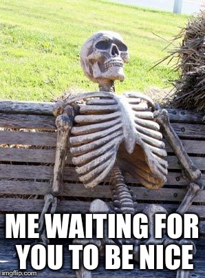 Waiting Skeleton | ME WAITING FOR YOU TO BE NICE | image tagged in memes,waiting skeleton | made w/ Imgflip meme maker