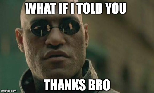 Matrix Morpheus Meme | WHAT IF I TOLD YOU THANKS BRO | image tagged in memes,matrix morpheus | made w/ Imgflip meme maker