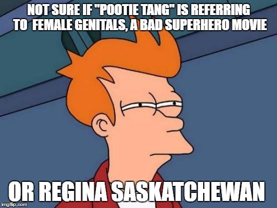 Futurama Fry | NOT SURE IF "POOTIE TANG" IS REFERRING TO  FEMALE GENITALS, A BAD SUPERHERO MOVIE; OR REGINA SASKATCHEWAN | image tagged in memes,futurama fry | made w/ Imgflip meme maker
