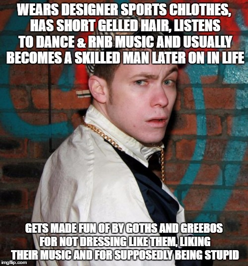 Chav | WEARS DESIGNER SPORTS CHLOTHES, HAS SHORT GELLED HAIR, LISTENS TO DANCE & RNB MUSIC AND USUALLY BECOMES A SKILLED MAN LATER ON IN LIFE; GETS MADE FUN OF BY GOTHS AND GREEBOS FOR NOT DRESSING LIKE THEM, LIKING THEIR MUSIC AND FOR SUPPOSEDLY BEING STUPID | image tagged in chav | made w/ Imgflip meme maker