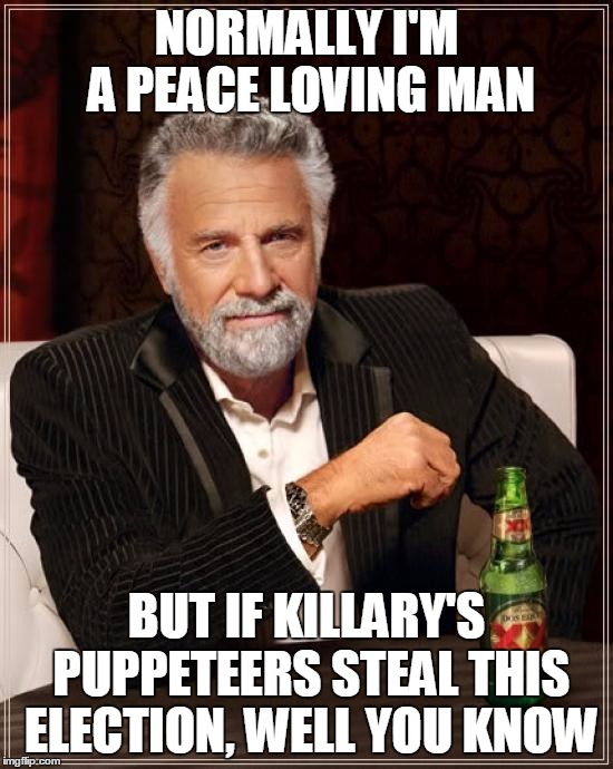 The Most Interesting Man In The World | NORMALLY I'M A PEACE LOVING MAN; BUT IF KILLARY'S PUPPETEERS STEAL THIS ELECTION, WELL YOU KNOW | image tagged in memes,the most interesting man in the world | made w/ Imgflip meme maker