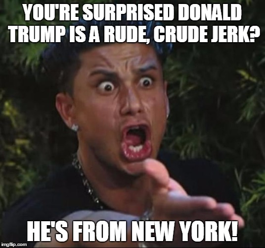 DJ Pauly D Meme | YOU'RE SURPRISED DONALD TRUMP IS A RUDE, CRUDE JERK? HE'S FROM NEW YORK! | image tagged in memes,dj pauly d,donald trump,new york city,election 2016 | made w/ Imgflip meme maker