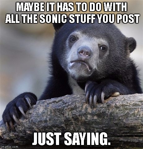 Confession Bear Meme | MAYBE IT HAS TO DO WITH ALL THE SONIC STUFF YOU POST JUST SAYING. | image tagged in memes,confession bear | made w/ Imgflip meme maker