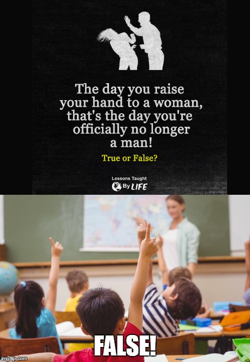 Raise your hand! | FALSE! | image tagged in funny memes,funny,irony,ironic,domestic violence,domestic abuse | made w/ Imgflip meme maker