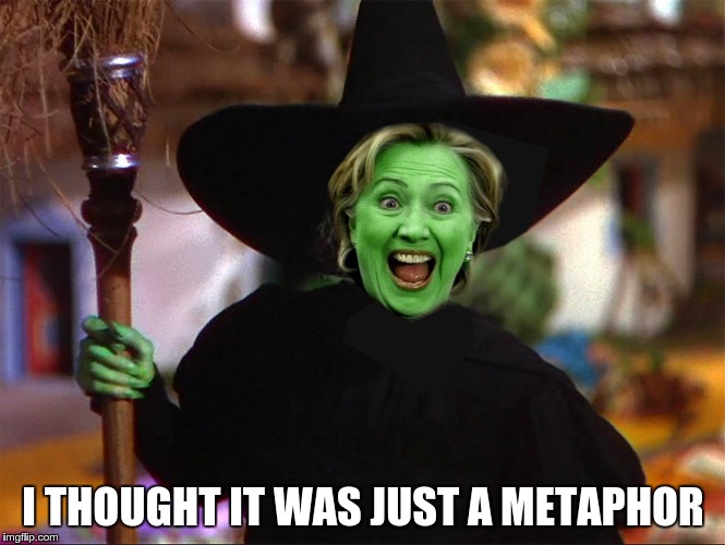 I THOUGHT IT WAS JUST A METAPHOR | image tagged in hillary,crooked hillary,witch,maga | made w/ Imgflip meme maker