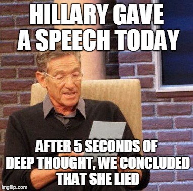 Maury Lie Detector | HILLARY GAVE A SPEECH TODAY; AFTER 5 SECONDS OF DEEP THOUGHT, WE CONCLUDED THAT SHE LIED | image tagged in memes,maury lie detector | made w/ Imgflip meme maker