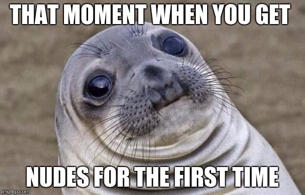 Awkward Moment Sealion | THAT MOMENT WHEN YOU GET; NUDES FOR THE FIRST TIME | image tagged in memes,awkward moment sealion | made w/ Imgflip meme maker