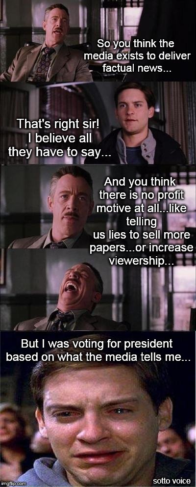 Peter Parker Cry | So you think the media exists to deliver factual news... That's right sir! I believe all they have to say... And you think there is no profit motive at all...like telling us lies to sell more papers...or increase viewership... But I was voting for president based on what the media tells me... sotto voice | image tagged in memes,peter parker cry | made w/ Imgflip meme maker