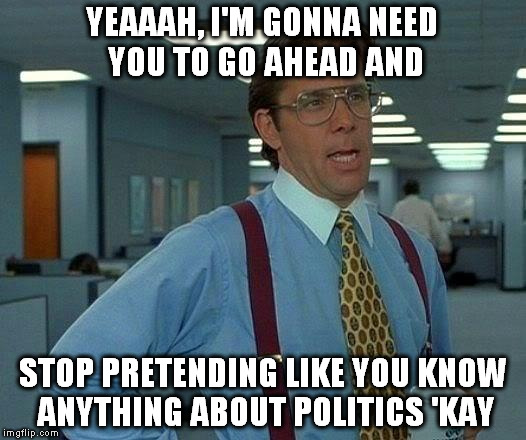 That Would Be Great Meme | YEAAAH, I'M GONNA NEED YOU TO GO AHEAD AND; STOP PRETENDING LIKE YOU KNOW ANYTHING ABOUT POLITICS 'KAY | image tagged in memes,that would be great | made w/ Imgflip meme maker