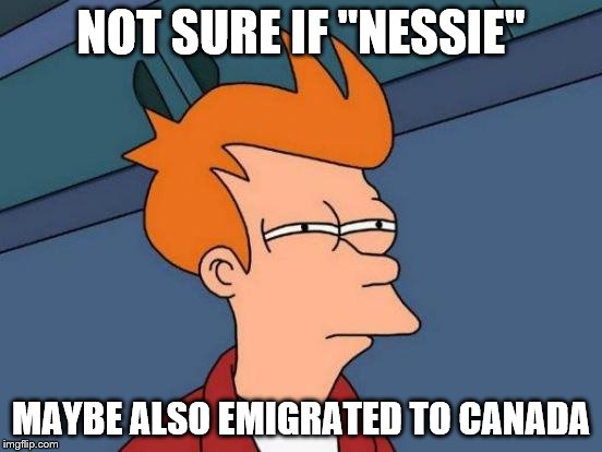 Futurama Fry Meme | NOT SURE IF "NESSIE" MAYBE ALSO EMIGRATED TO CANADA | image tagged in memes,futurama fry | made w/ Imgflip meme maker