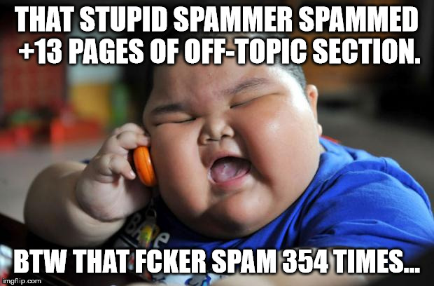 Fat Asian Kid | THAT STUPID SPAMMER SPAMMED +13 PAGES OF OFF-TOPIC SECTION. BTW THAT FCKER SPAM 354 TIMES... | image tagged in fat asian kid | made w/ Imgflip meme maker