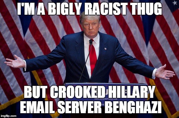Donald Trump | I'M A BIGLY RACIST THUG; BUT CROOKED HILLARY EMAIL SERVER BENGHAZI | image tagged in donald trump | made w/ Imgflip meme maker