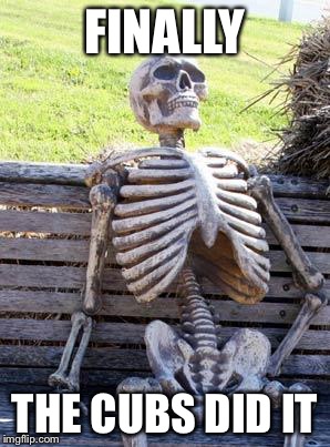 Waiting Skeleton Meme | FINALLY; THE CUBS DID IT | image tagged in memes,waiting skeleton | made w/ Imgflip meme maker