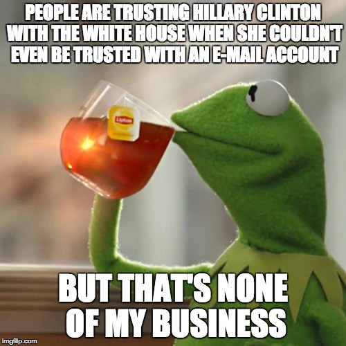 But That's None Of My Business Meme | PEOPLE ARE TRUSTING HILLARY CLINTON WITH THE WHITE HOUSE WHEN SHE COULDN'T EVEN BE TRUSTED WITH AN E-MAIL ACCOUNT; BUT THAT'S NONE OF MY BUSINESS | image tagged in memes,but thats none of my business,kermit the frog | made w/ Imgflip meme maker