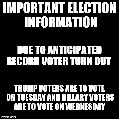 Blank | IMPORTANT ELECTION INFORMATION; DUE TO ANTICIPATED RECORD VOTER TURN OUT; TRUMP VOTERS ARE TO VOTE ON TUESDAY AND HILLARY VOTERS ARE TO VOTE ON WEDNESDAY | image tagged in blank | made w/ Imgflip meme maker