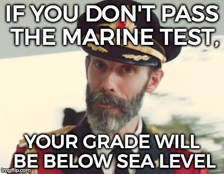 Captain Obvious | IF YOU DON'T PASS THE MARINE TEST, YOUR GRADE WILL BE BELOW SEA LEVEL | image tagged in captain obvious | made w/ Imgflip meme maker