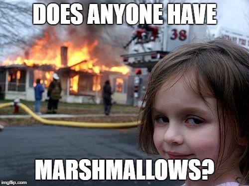 Disaster Girl | DOES ANYONE HAVE; MARSHMALLOWS? | image tagged in memes,disaster girl | made w/ Imgflip meme maker