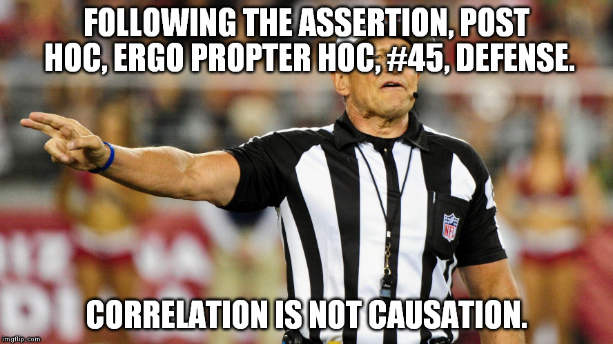 Logical Fallacy Referee | FOLLOWING THE ASSERTION, POST HOC, ERGO PROPTER HOC, #45, DEFENSE. CORRELATION IS NOT CAUSATION. | image tagged in logical fallacy referee | made w/ Imgflip meme maker