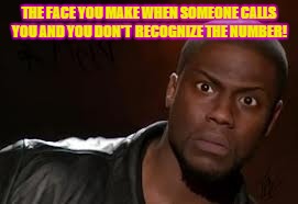 Kevin Hart Meme | THE FACE YOU MAKE WHEN SOMEONE CALLS YOU AND YOU DON'T  RECOGNIZE THE NUMBER! | image tagged in memes,kevin hart the hell | made w/ Imgflip meme maker