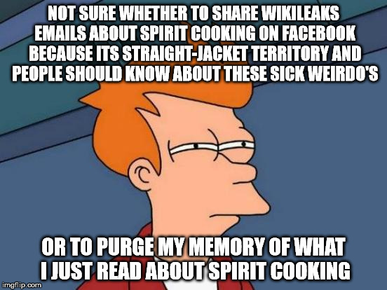 Futurama Fry Meme | NOT SURE WHETHER TO SHARE WIKILEAKS EMAILS ABOUT SPIRIT COOKING ON FACEBOOK BECAUSE ITS STRAIGHT-JACKET TERRITORY AND PEOPLE SHOULD KNOW ABO | image tagged in memes,futurama fry | made w/ Imgflip meme maker