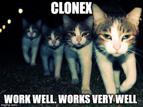 Wrong Neighboorhood Cats | CLONEX; WORK WELL. WORKS VERY WELL | image tagged in memes,wrong neighboorhood cats | made w/ Imgflip meme maker