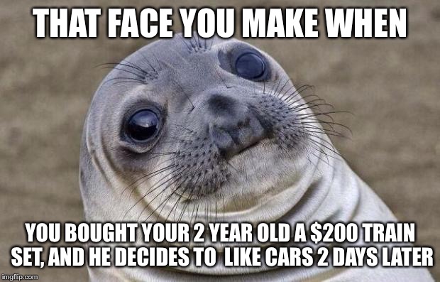 I should have read up on this... | THAT FACE YOU MAKE WHEN; YOU BOUGHT YOUR 2 YEAR OLD A $200 TRAIN SET, AND HE DECIDES TO  LIKE CARS 2 DAYS LATER | image tagged in memes,awkward moment sealion,kids,presents | made w/ Imgflip meme maker