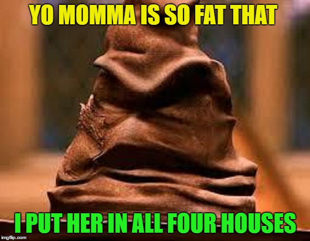 Harry Potter Sorting Hat | YO MOMMA IS SO FAT THAT; I PUT HER IN ALL FOUR HOUSES | image tagged in memes,harry potter,funny,yo mamas so fat,harry potter sorting hat | made w/ Imgflip meme maker