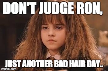 Harry Potter - Miss Granger is NOT amused | DON'T JUDGE RON, JUST ANOTHER BAD HAIR DAY.. | image tagged in harry potter - miss granger is not amused | made w/ Imgflip meme maker