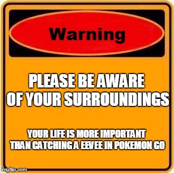 Niantic Creations could kill people with Pokemon Go! | PLEASE BE AWARE OF YOUR SURROUNDINGS; YOUR LIFE IS MORE IMPORTANT THAN CATCHING A EEVEE IN POKEMON GO | image tagged in memes,warning sign,pokemon go | made w/ Imgflip meme maker