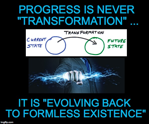 PROGRESS IS NEVER "TRANSFORMATION" ... IT IS "EVOLVING BACK TO FORMLESS EXISTENCE" | made w/ Imgflip meme maker