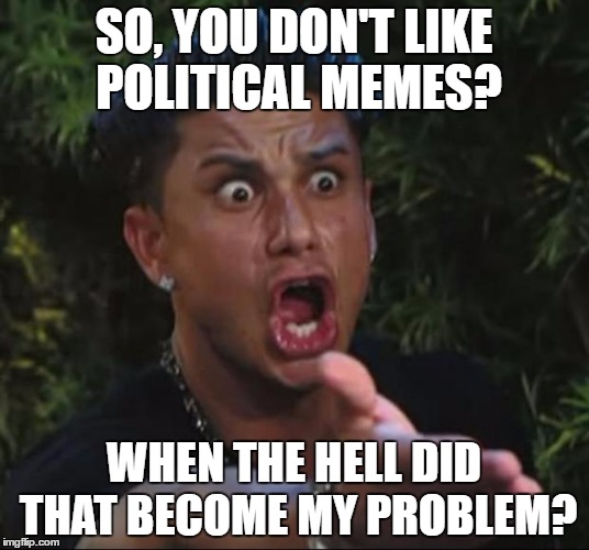 DJ Pauly D Meme | SO, YOU DON'T LIKE POLITICAL MEMES? WHEN THE HELL DID THAT BECOME MY PROBLEM? | image tagged in memes,dj pauly d | made w/ Imgflip meme maker