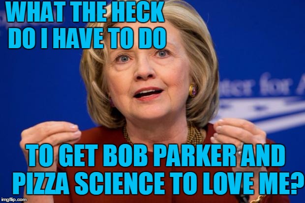 Hillary's calling for a group hug!  :-) | WHAT THE HECK DO I HAVE TO DO; TO GET BOB PARKER AND PIZZA SCIENCE TO LOVE ME? | image tagged in hillary clinton | made w/ Imgflip meme maker