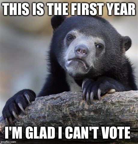 Confession Bear Meme | THIS IS THE FIRST YEAR I'M GLAD I CAN'T VOTE | image tagged in memes,confession bear | made w/ Imgflip meme maker