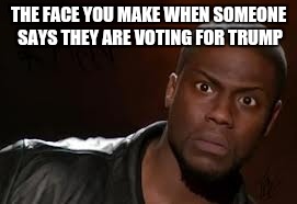 Kevin Hart Meme | THE FACE YOU MAKE WHEN SOMEONE SAYS THEY ARE VOTING FOR TRUMP | image tagged in memes,kevin hart the hell | made w/ Imgflip meme maker