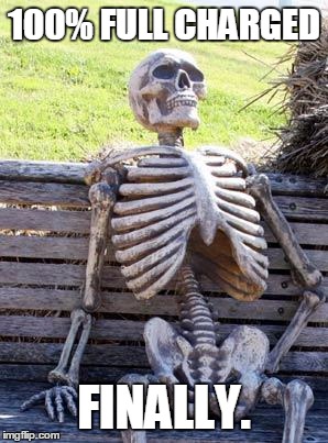 Waiting Skeleton | 100% FULL CHARGED; FINALLY. | image tagged in memes,waiting skeleton | made w/ Imgflip meme maker