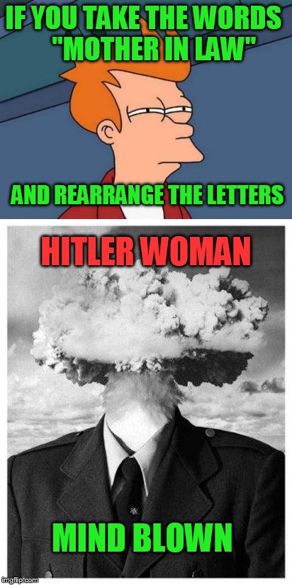 MIND BLOWN WEEKEND!! | IF YOU TAKE THE WORDS
   "MOTHER IN LAW"; AND REARRANGE THE LETTERS; HITLER WOMAN; MIND BLOWN | image tagged in mind blown | made w/ Imgflip meme maker