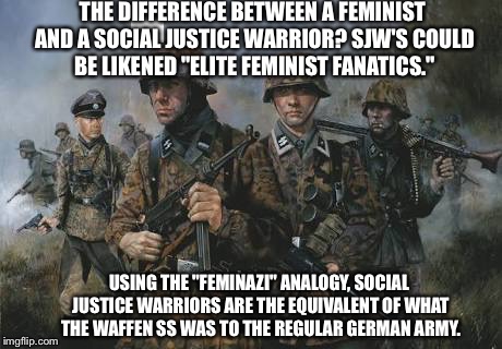 Waffen SS | THE DIFFERENCE BETWEEN A FEMINIST AND A SOCIAL JUSTICE WARRIOR? SJW'S COULD BE LIKENED "ELITE FEMINIST FANATICS."; USING THE "FEMINAZI" ANALOGY, SOCIAL JUSTICE WARRIORS ARE THE EQUIVALENT OF WHAT THE WAFFEN SS WAS TO THE REGULAR GERMAN ARMY. | image tagged in waffen ss | made w/ Imgflip meme maker